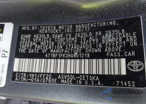 2017 Toyota Camry Se from USA, damaged, VIN 4T1BF1FK3HU801219